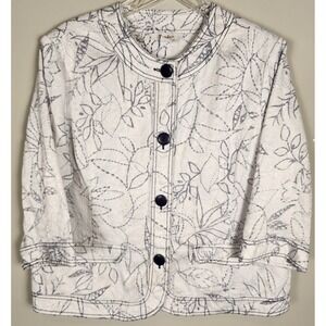 TanJay Women White Blue Leaf Print Button Front Jacket Size 16 Cottage core